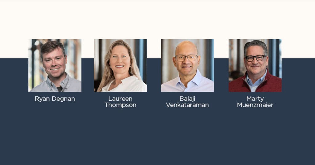 image containing photos of Ryan Degnan, Laureen Thompson, Balaji Venkataraman, and Marty Muenzmaier
