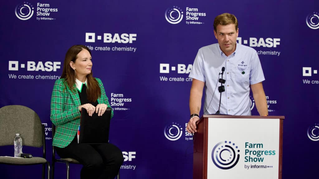 U.S. Senator Brooke Rollins sits next to speaker Pivot Bio CEO Chris Abbott on stage at the Farm Progress Show