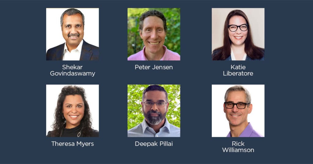 image containing photos of Shekar Govindaswamy, Peter Jensen, Katie Liberatore, Theresa Myers, Deepak Pillai, Rick Williamson